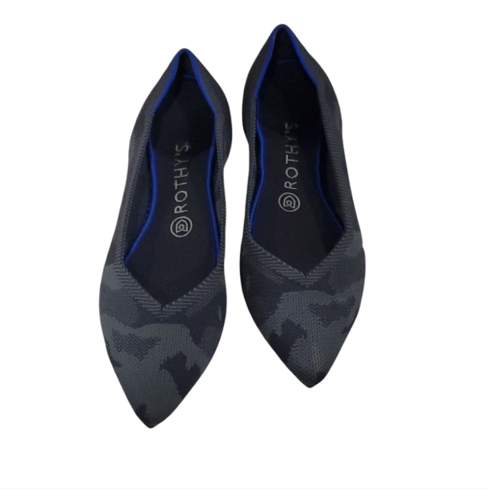 Rothy's The Point  Gray Camo  Flats with Sleek Pointed Toe and Blue Trim